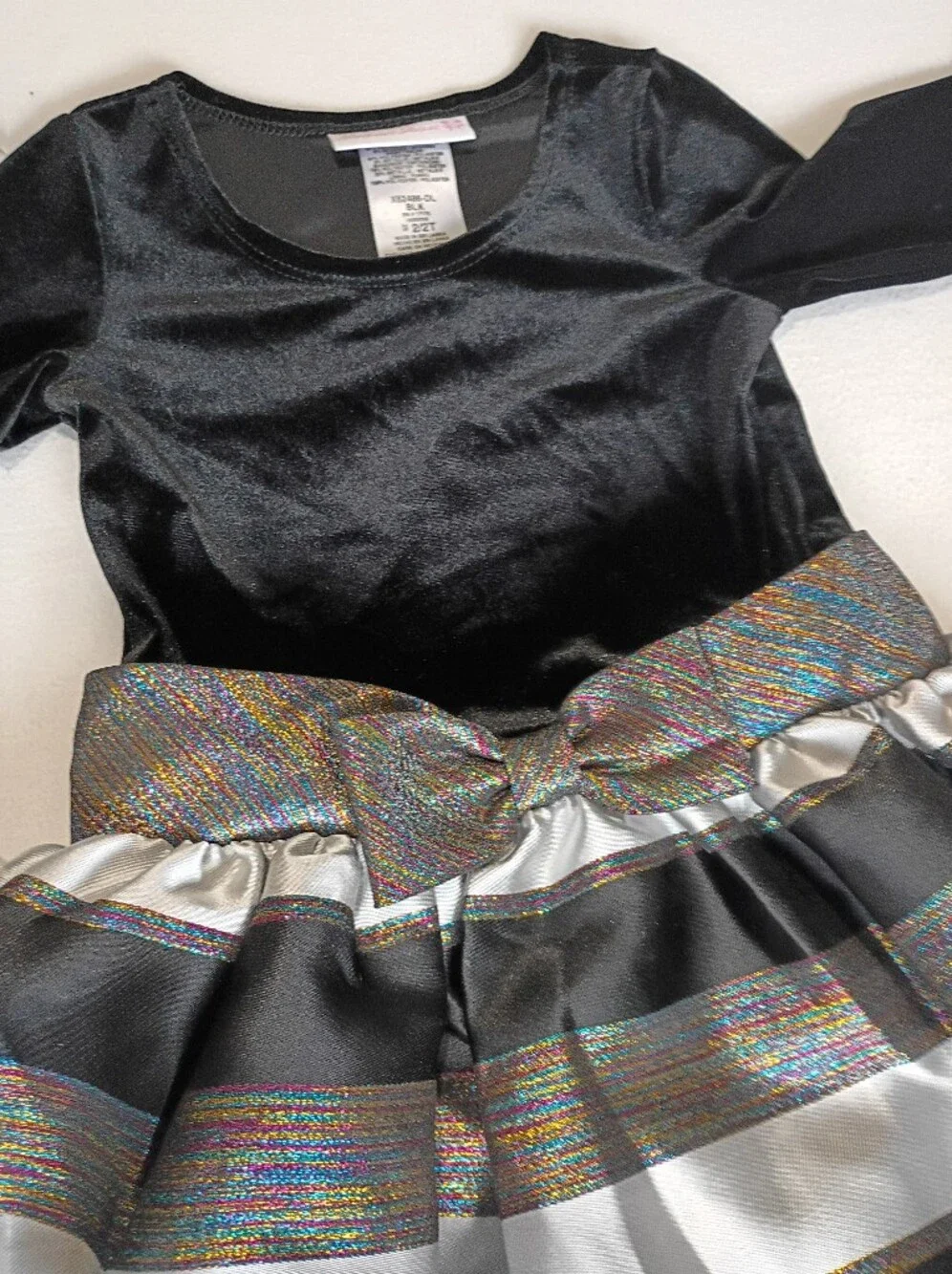 Bonnie Jean Sz 2T Party Dress Velvet Bodice Rainbow Bow Silver Black Ruffled